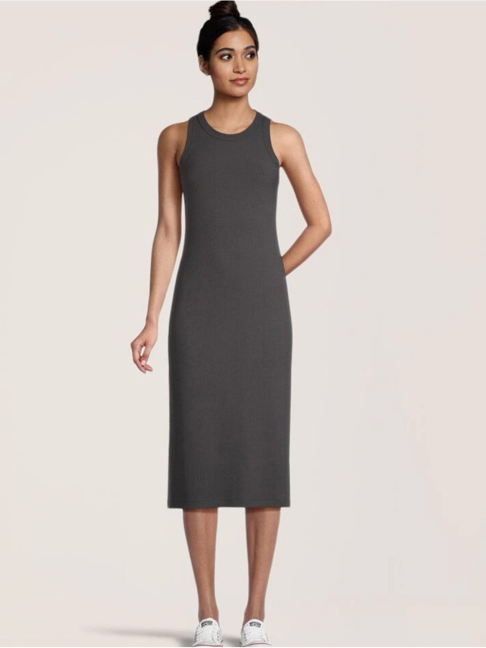 Farwest Sleeveless Ribbed Midi Dress in Charcoal grey size s